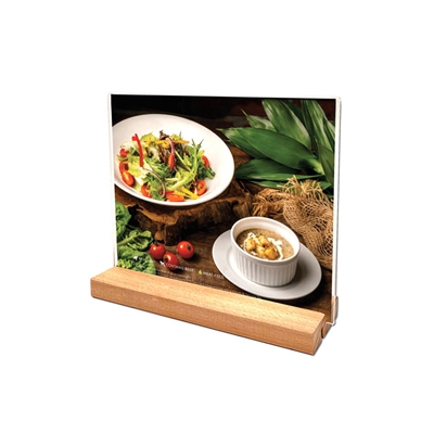 Menükartenhalter, heller Holzblock, mit A4-Acrylhalter vertikal/gewinkelt