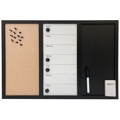 Whiteboard mit Wochenplan, Kork- und Kreidetafel, inkl. schwarzer magnetischer Marker, 4 x schwarze 20 mm Magnete, 12 schwarze Nadeln und 1 Packung Kreide (5 Stk.)