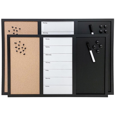 Whiteboard mit Wochenplan, Kork- und Kreidetafel, inkl. schwarzer magnetischer Marker, 4 x schwarze 20 mm Magnete, 12 schwarze Nadeln und 1 Packung Kreide (5 Stk.)